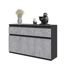 NOAH - Chest of 3 Drawers and 3 Doors - Bedroom Dresser Storage Cabinet Sideboard - Anthracite / Concrete H75cm W120cm D35cm