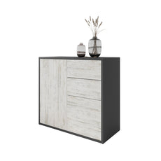 CAMILLE - Push to Open Sideboard with 2 Doors and 2 Drawers - Anthracite / White Pine H74cm W80cm D36cm