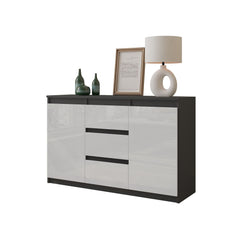 MIKEL - Chest of 3 Drawers and 2 Doors - Bedroom Dresser Storage Cabinet Sideboard - Anthracite / White Gloss H75cm W120cm D35cm
