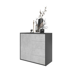 CAMILLE - Push to Open Sideboard with Door and 4 Drawers - Anthracite / Concrete H74cm W80cm D36cm