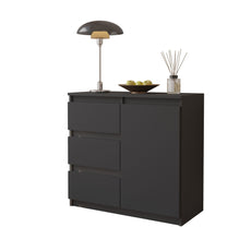 MIKEL - Chest of 3 Drawers and 1 Door - Bedroom Dresser Storage Cabinet Sideboard - Anthracite H75cm W80cm D35cm