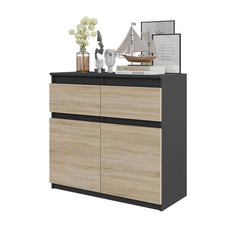 NOAH - Chest of 2 Drawers and 2 Doors - Bedroom Dresser Storage Cabinet Sideboard - Anthracite / Sonoma Oak H75cm W80cm D35cm