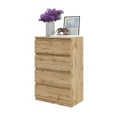 GABRIEL - Chest of 4 Drawers - Bedroom Dresser Storage Cabinet Sideboard - Wotan Oak H92cm W60cm D33cm