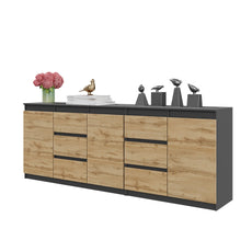 MIKEL - Chest of 6 Drawers and 3 Doors - Bedroom Dresser Storage Cabinet Sideboard - Anthracite / Wotan Oak H75cm W200cm D35cm