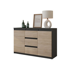 MIKEL - Chest of 3 Drawers and 2 Doors - Bedroom Dresser Storage Cabinet Sideboard - Anthracite / Sonoma Oak H75cm W120cm D35cm