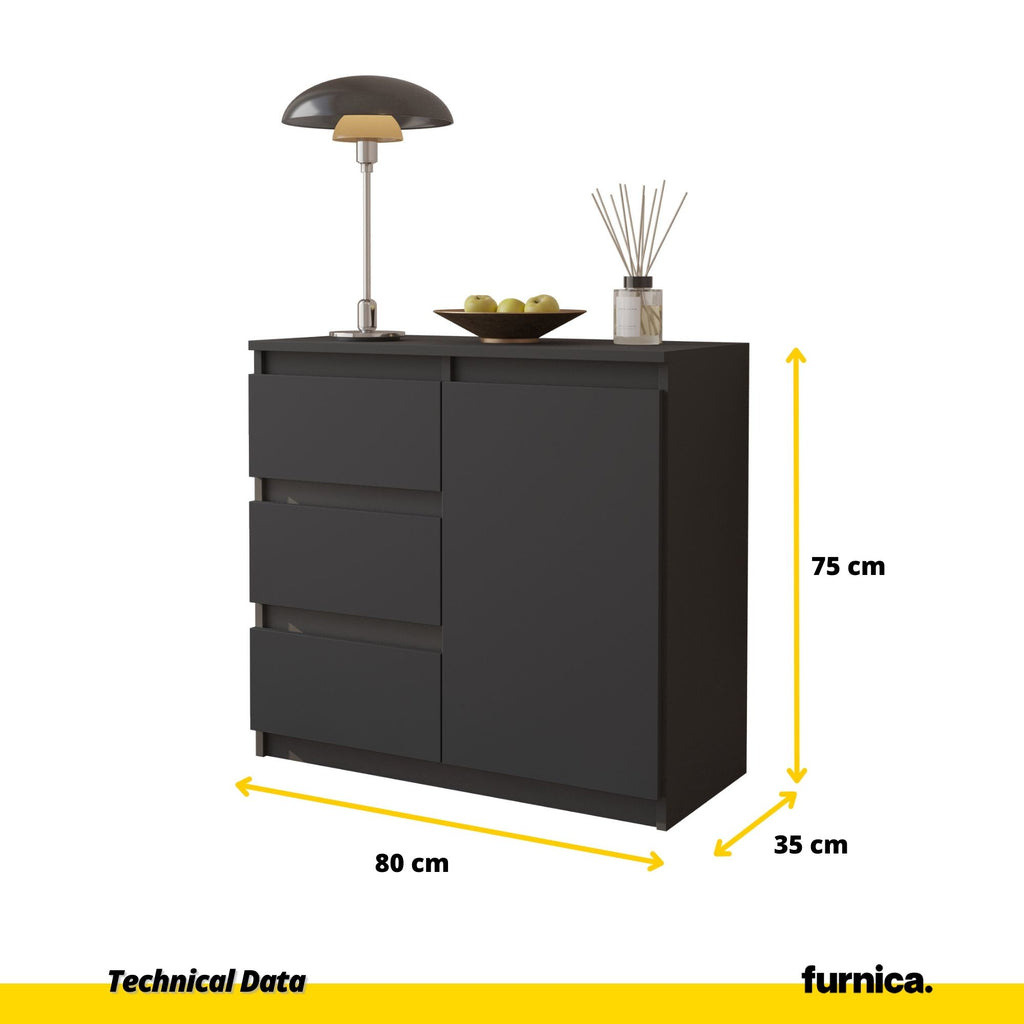 MIKEL - Chest of 3 Drawers and 1 Door - Bedroom Dresser Storage Cabinet Sideboard - Anthracite H75cm W80cm D35cm
