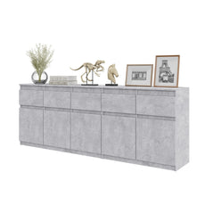 NOAH - Chest of 5 Drawers and 5 Doors - Bedroom Dresser Storage Cabinet Sideboard - Concrete  H75cm W200cm D35cm