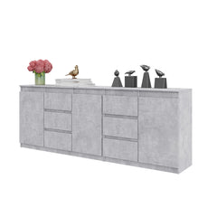 MIKEL - Chest of 6 Drawers and 3 Doors - Bedroom Dresser Storage Cabinet Sideboard - Concrete  H75cm W200cm D35cm