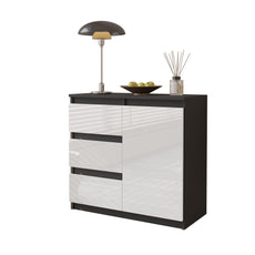 MIKEL - Chest of 3 Drawers and 1 Door - Bedroom Dresser Storage Cabinet Sideboard - Anthracite / White Gloss H75cm W80cm D35cm