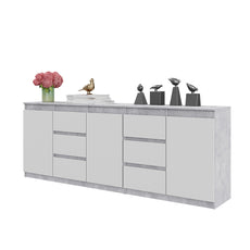 MIKEL - Chest of 6 Drawers and 3 Doors - Bedroom Dresser Storage Cabinet Sideboard - Concrete / White Matt  H75cm W200cm D35cm