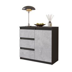 MIKEL - Chest of 3 Drawers and 1 Door - Bedroom Dresser Storage Cabinet Sideboard - Anthracite / Concrete H75cm W80cm D35cm