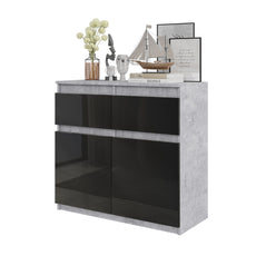 NOAH - Chest of 2 Drawers and 2 Doors - Bedroom Dresser Storage Cabinet Sideboard - Concrete / Black Gloss H75cm W80cm D35cm