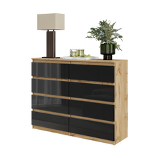 GABRIEL - Chest of 8 Drawers - Bedroom Dresser Storage Cabinet Sideboard - Wotan Oak / Black Gloss H92cm W120cm D33cm