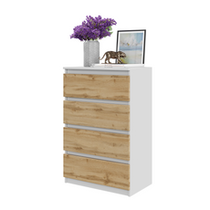 GABRIEL - Chest of 4 Drawers - Bedroom Dresser Storage Cabinet Sideboard - White Matt / Wotan Oak H92cm W60cm D33cm