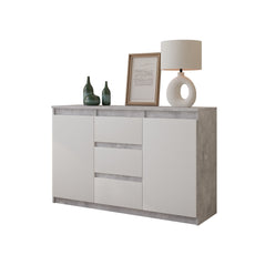 MIKEL - Chest of 3 Drawers and 2 Doors - Bedroom Dresser Storage Cabinet Sideboard - Concrete / White Matt H75cm W120cm D35cm