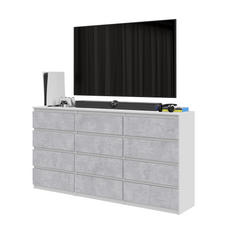 GABRIEL - Chest of 12 Drawers (8+4) - Bedroom Dresser Storage Cabinet Sideboard - White Matt / Concrete H92cm W180cm D33cm