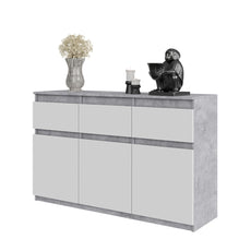 NOAH - Chest of 3 Drawers and 3 Doors - Bedroom Dresser Storage Cabinet Sideboard - Concrete / White Matt H75cm W120cm D35cm