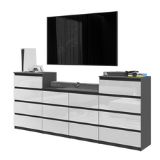 GABRIEL - Chest of 14 Drawers (4+6+4) - Bedroom Dresser Storage Cabinet Sideboard - Anthracite / White Gloss H92cm W220cm D33cm