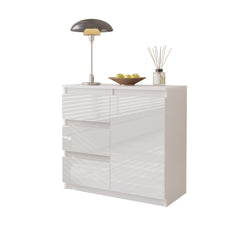 MIKEL - Chest of 3 Drawers and 1 Door - Bedroom Dresser Storage Cabinet Sideboard - White Matt / White Gloss H75cm W80cm D35cm