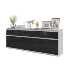 NOAH - Chest of 5 Drawers and 5 Doors - Bedroom Dresser Storage Cabinet Sideboard - Concrete / Black Gloss  H75cm W200cm D35cm