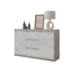 MIKEL - Chest of 3 Drawers and 2 Doors - Bedroom Dresser Storage Cabinet Sideboard - Concrete / White Gloss H75cm W120cm D35cm