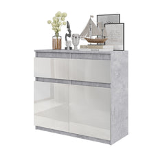 NOAH - Chest of 2 Drawers and 2 Doors - Bedroom Dresser Storage Cabinet Sideboard - Concrete / White Gloss H75cm W80cm D35cm