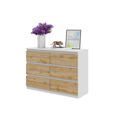 GABRIEL - Chest of 6 Drawers - Bedroom Dresser Storage Cabinet Sideboard - White / Wotan Oak H71cm W100cm D33cm