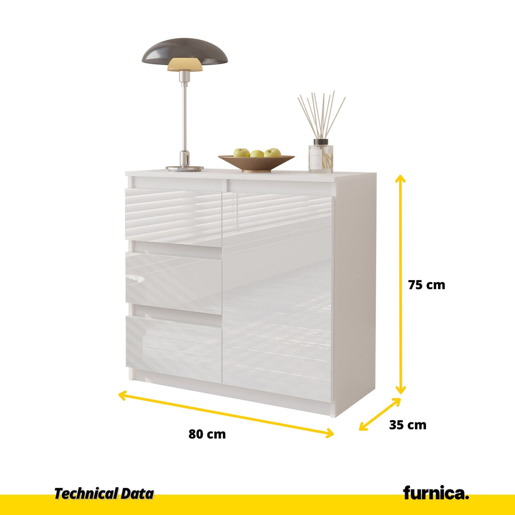MIKEL - Chest of 3 Drawers and 1 Door - Bedroom Dresser Storage Cabinet Sideboard - White Matt / White Gloss H75cm W80cm D35cm