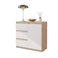 MIKEL - Chest of 3 Drawers and 1 Door - Bedroom Dresser Storage Cabinet Sideboard - Sonoma Oak / White Matt H75cm W80cm D35cm