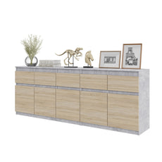 NOAH - Chest of 5 Drawers and 5 Doors - Bedroom Dresser Storage Cabinet Sideboard - Concrete / Sonoma Oak  H75cm W200cm D35cm
