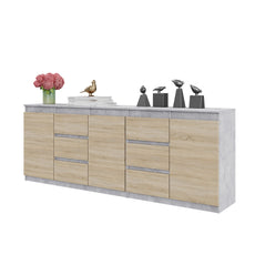 MIKEL - Chest of 6 Drawers and 3 Doors - Bedroom Dresser Storage Cabinet Sideboard - Concrete / Sonoma Oak H75cm W200cm D35cm