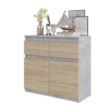 NOAH - Chest of 2 Drawers and 2 Doors - Bedroom Dresser Storage Cabinet Sideboard - Concrete / Sonoma Oak H75cm W80cm D35cm