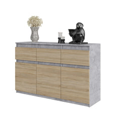 NOAH - Chest of 3 Drawers and 3 Doors - Bedroom Dresser Storage Cabinet Sideboard - Concrete / Sonoma Oak H75cm W120cm D35cm