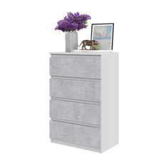 GABRIEL - Chest of 4 Drawers - Bedroom Dresser Storage Cabinet Sideboard - White Matt / Concrete H92cm W60cm D33cm