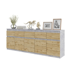 NOAH - Chest of 5 Drawers and 5 Doors - Bedroom Dresser Storage Cabinet Sideboard - Concrete / Wotan Oak  H75cm W200cm D35cm