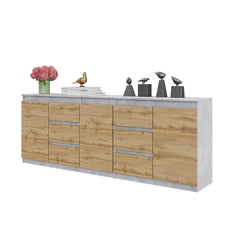 MIKEL - Chest of 6 Drawers and 3 Doors - Bedroom Dresser Storage Cabinet Sideboard - Concrete / Wotan  H75cm W200cm D35cm