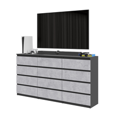 GABRIEL - Chest of 12 Drawers (8+4) - Bedroom Dresser Storage Cabinet Sideboard - Anthracite / Concrete H92cm W180cm D33cm