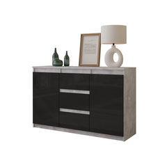 MIKEL - Chest of 3 Drawers and 2 Doors - Bedroom Dresser Storage Cabinet Sideboard - Concrete / Black Gloss H75cm W120cm D35cm