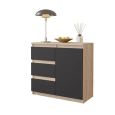 MIKEL - Chest of 3 Drawers and 1 Door - Bedroom Dresser Storage Cabinet Sideboard - Sonoma Oak / Anthracite H75cm W80cm D35cm