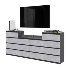 GABRIEL - Chest of 14 Drawers (4+6+4) - Bedroom Dresser Storage Cabinet Sideboard - Anthracite / Concrete H92cm W220cm D33cm