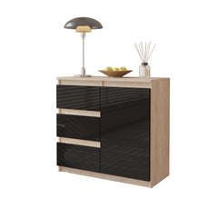 MIKEL - Chest of 3 Drawers and 1 Door - Bedroom Dresser Storage Cabinet Sideboard - Sonoma Oak / Black Gloss H75cm W80cm D35cm