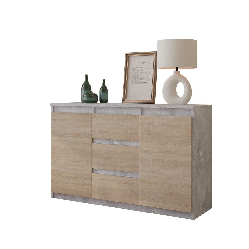 MIKEL - Chest of 3 Drawers and 2 Doors - Bedroom Dresser Storage Cabinet Sideboard - Concrete / Sonoma Oak H75cm W120cm D35cm