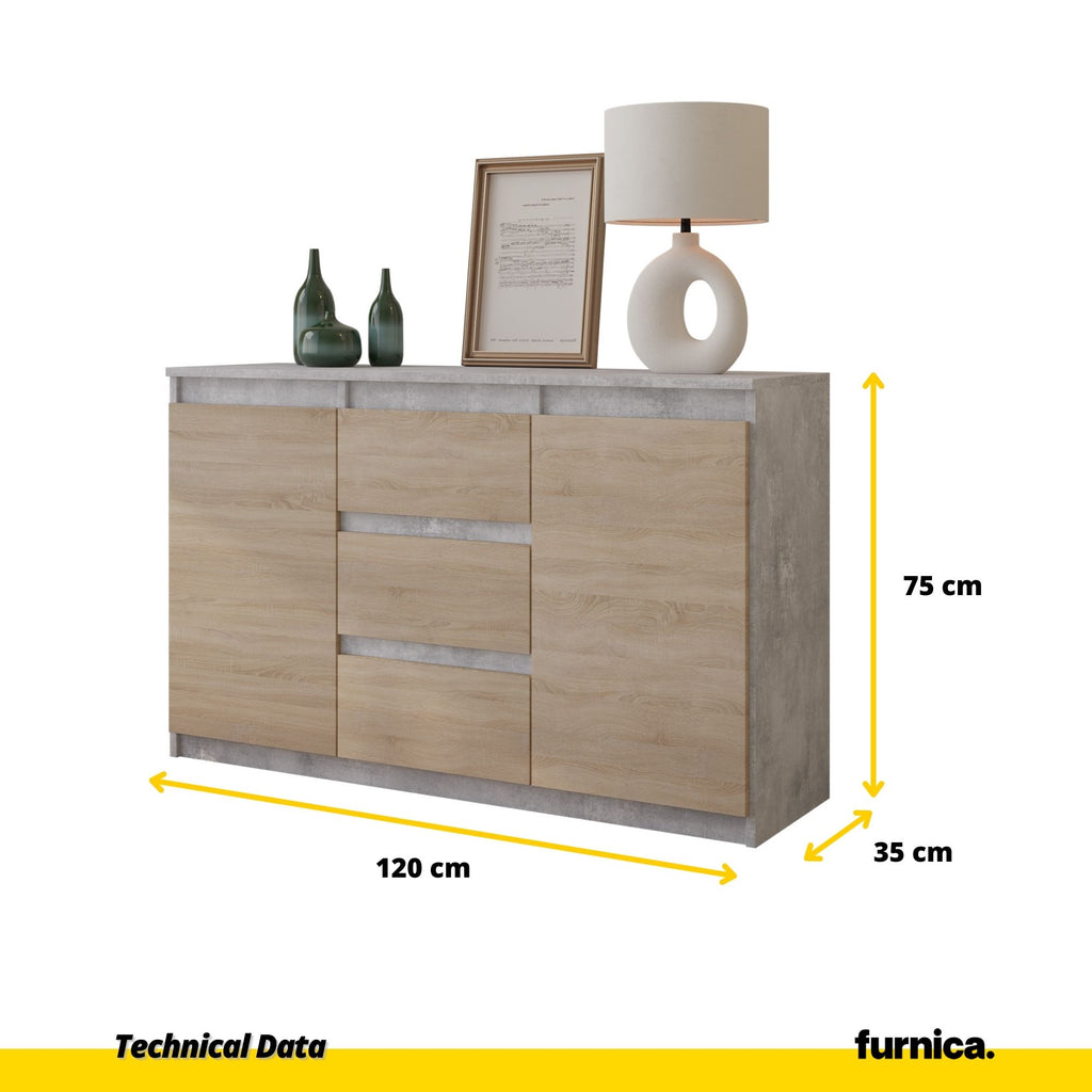 MIKEL - Chest of 3 Drawers and 2 Doors - Bedroom Dresser Storage Cabinet Sideboard - Concrete / Sonoma Oak H75cm W120cm D35cm
