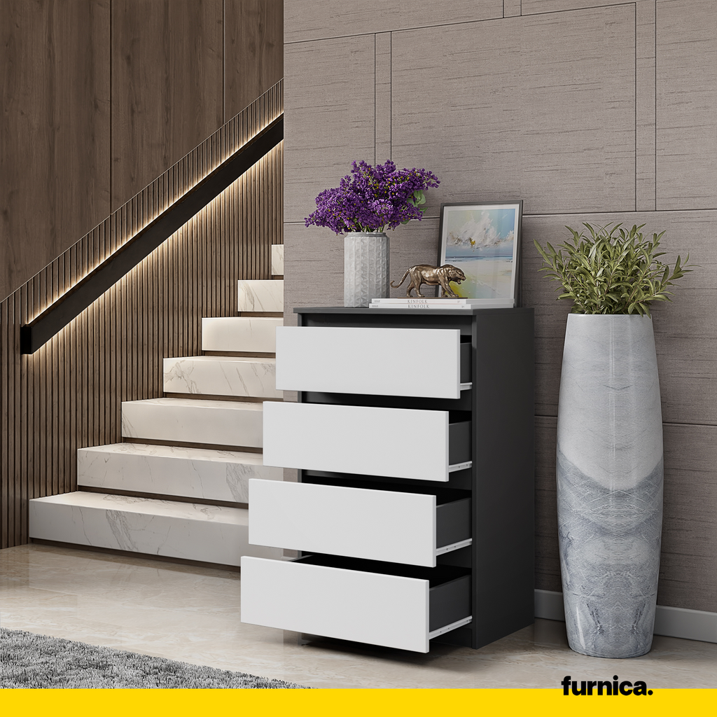 GABRIEL - Chest of 4 Drawers - Bedroom Dresser Storage Cabinet Sideboard - Anthracite / White Matt H92cm W60cm D33cm