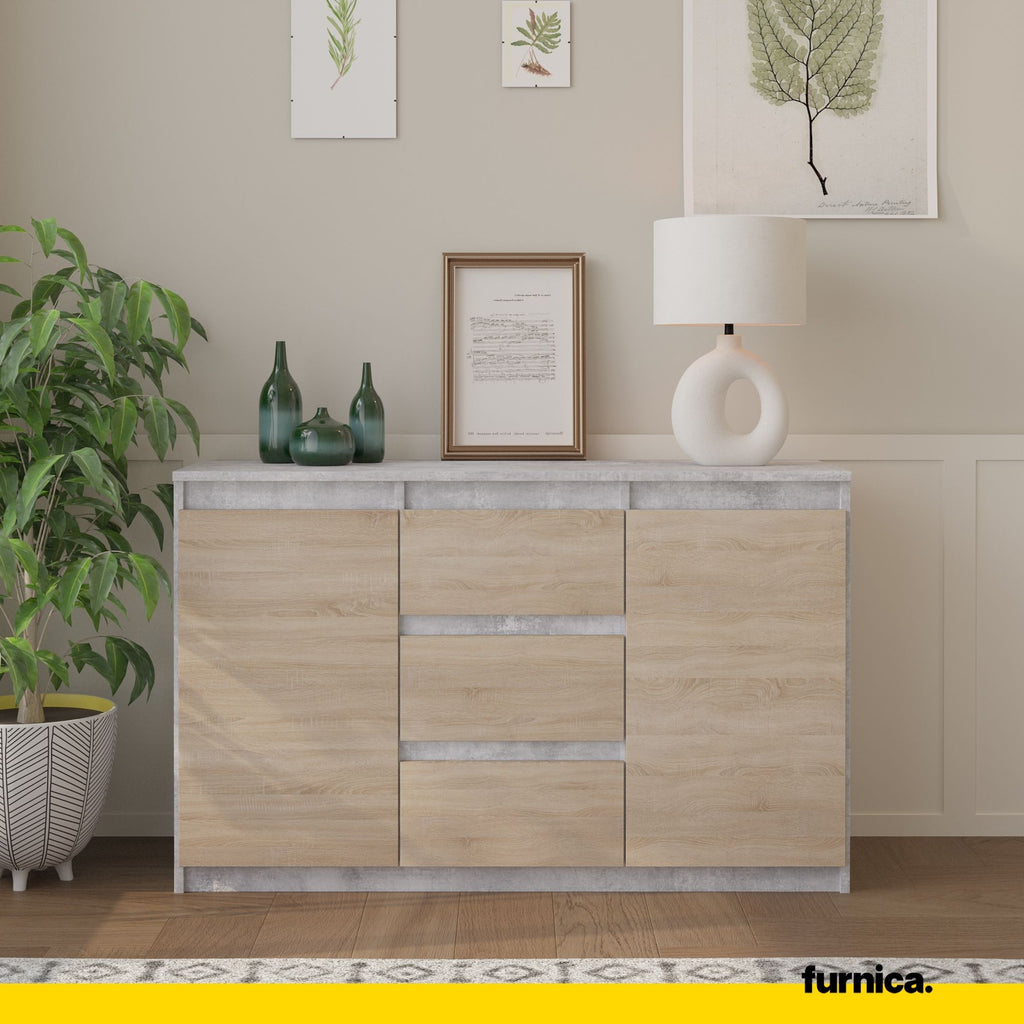 MIKEL - Chest of 3 Drawers and 2 Doors - Bedroom Dresser Storage Cabinet Sideboard - Concrete / Sonoma Oak H75cm W120cm D35cm