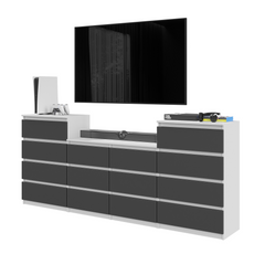 GABRIEL - Chest of 14 Drawers (4+6+4) - Bedroom Dresser Storage Cabinet Sideboard - White Matt / Anthracite H92cm W220cm D33cm