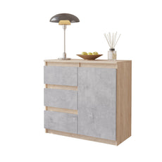 MIKEL - Chest of 3 Drawers and 1 Door - Bedroom Dresser Storage Cabinet Sideboard - Sonoma Oak / Concrete H75cm W80cm D35cm