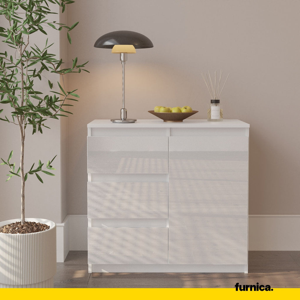 MIKEL - Chest of 3 Drawers and 1 Door - Bedroom Dresser Storage Cabinet Sideboard - White Matt / White Gloss H75cm W80cm D35cm