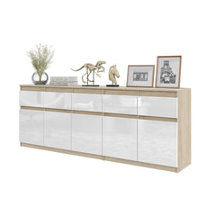 NOAH - Chest of 5 Drawers and 5 Doors - Bedroom Dresser Storage Cabinet Sideboard - Sonoma Oak / White Gloss  H75cm W200cm D35cm