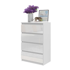 GABRIEL - Chest of 4 Drawers - Bedroom Dresser Storage Cabinet Sideboard - White Matt / White Gloss H92cm W60cm D33cm